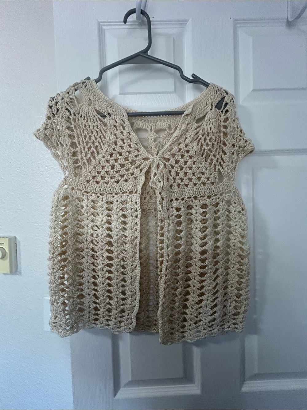 Open Crochet Tie-Front Shrug Cardigan - Cream